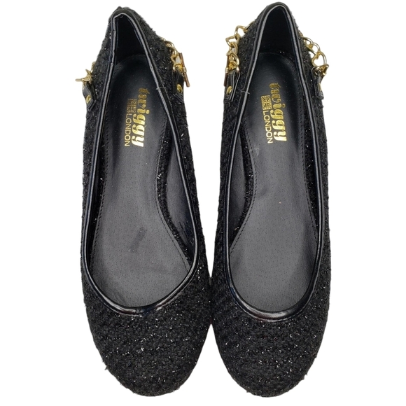 Twiggy London | Black Sparkle Tweed Round Toe Gold Slip On Flats Women's 7.5 - Picture 1 of 11